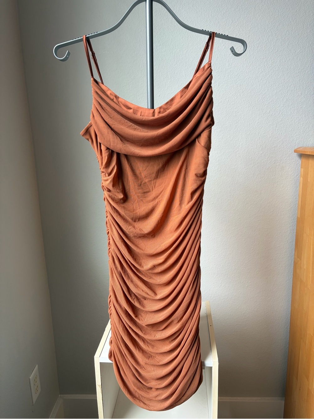 Oh Polly Ruched Cowl Midi Dress in Rust Orange